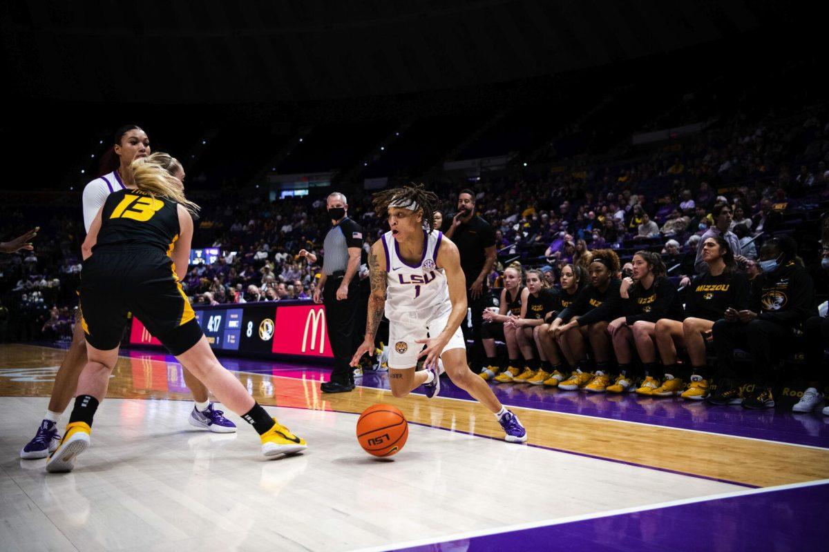 LSU women’s basketball graduate student guard Jailin Cherry (1) drives towards the baseline Thursday, Jan. 13, 2022, during LSU’s 87-85 overtime win against Missouri in the Pete Maravich Assembly Center on North Stadium Drive in Baton Rouge, La.