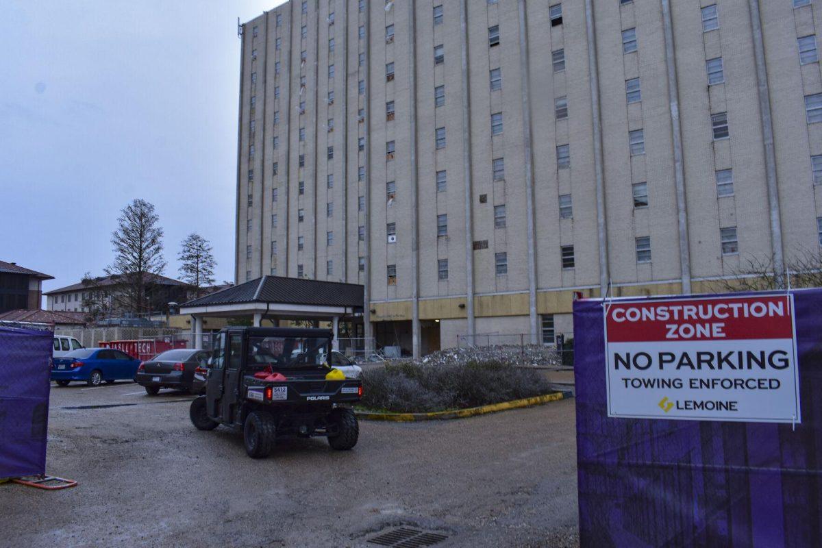 A construction vehicle pulls into the back entrance of Kirby Smith Hall on Monday, Jan. 24, 2022, on Aster Street at LSU.