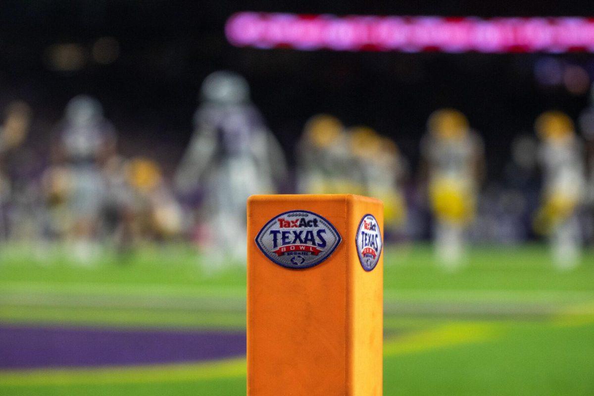 A Texas Bowl pylon sits in the back of an endzone Tuesday, Jan. 4, 2022, during LSU&#8217;s 42-20 loss against Kansas State at NRG Stadium in Houston, TX.