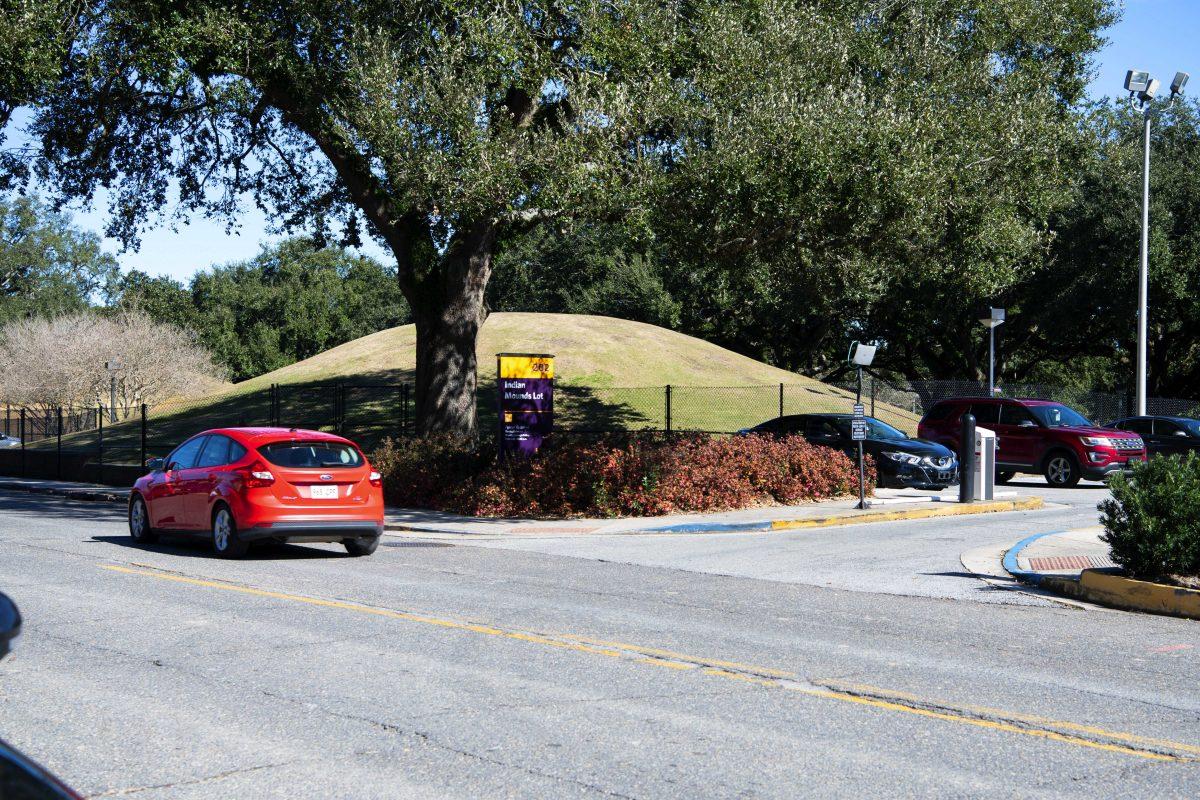 A car passes by the Indian Mounds Wednesday, Jan. 26, 2021, on Field House Drive in Baton Rouge, La.