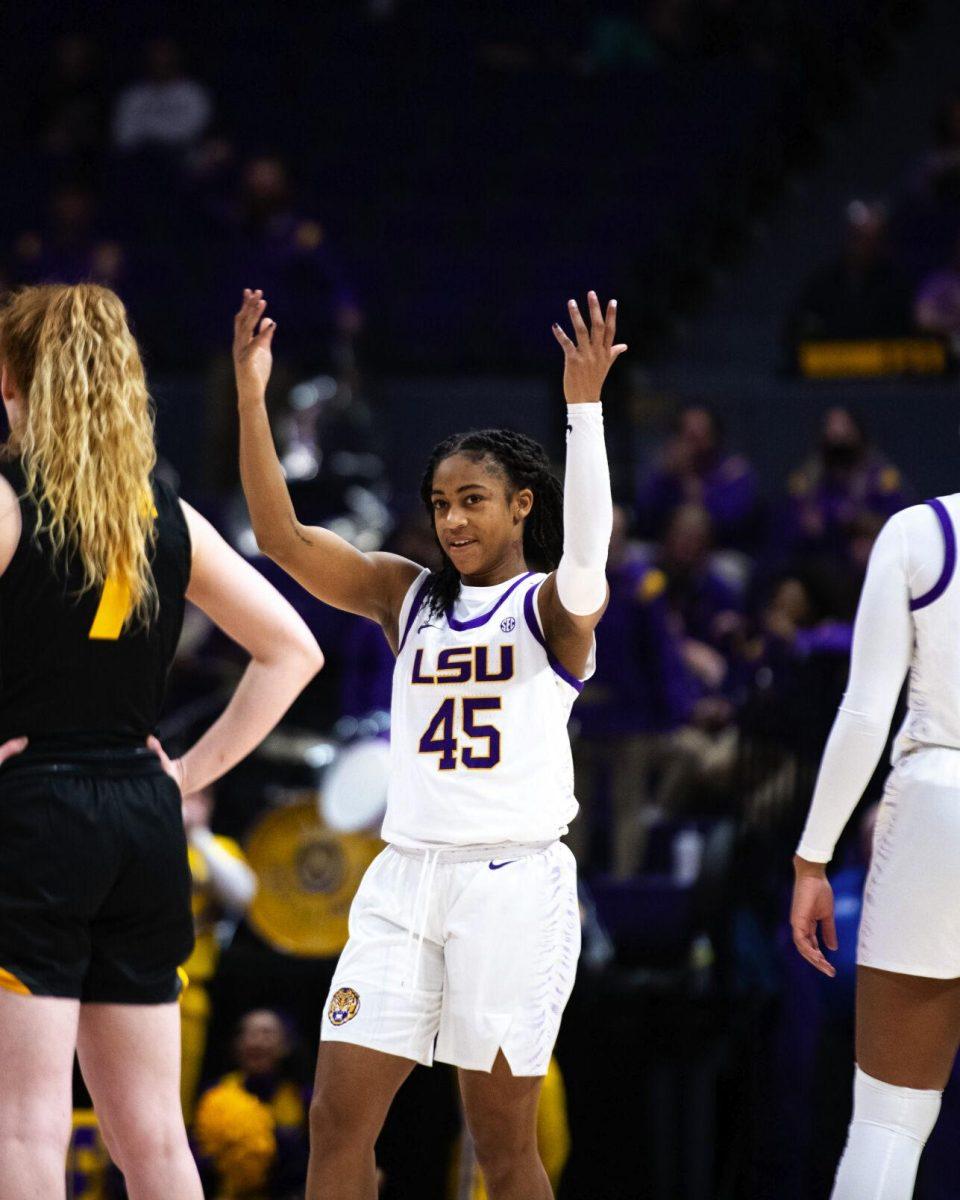 LSU women’s basketball fifth year senior guard Alexis Morris (45) raises her hands to hype up the crowd Thursday, Jan. 13, 2022, during LSU’s 87-85 overtime win against Missouri in the Pete Maravich Assembly Center on North Stadium Drive in Baton Rouge, La.