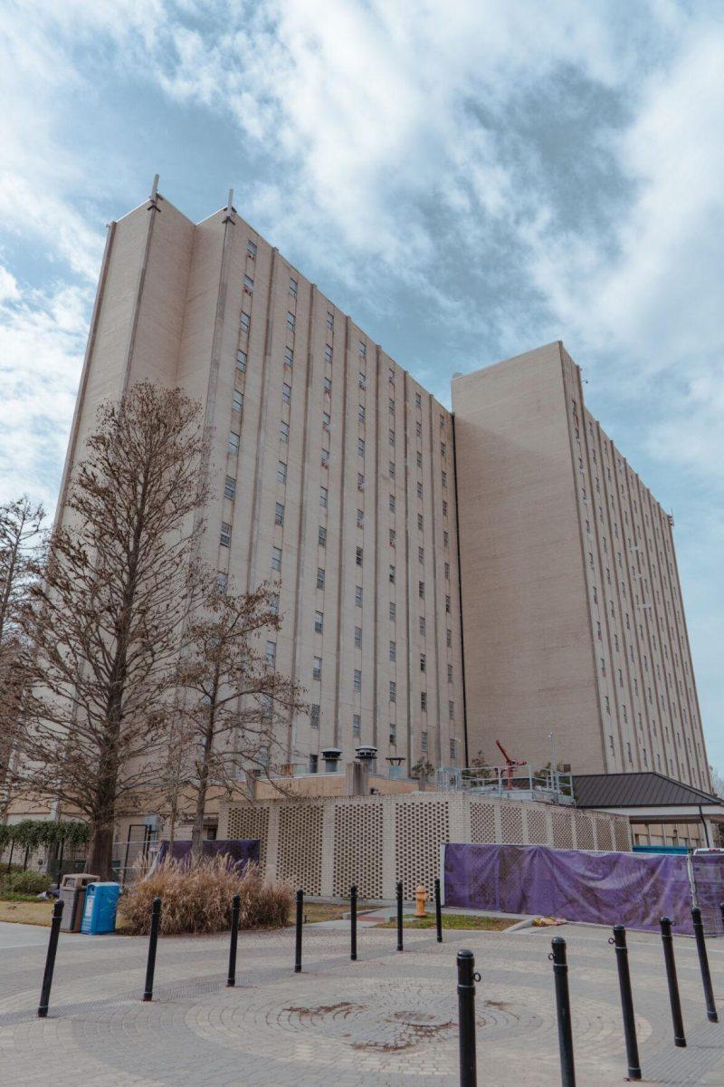 Kirby-Smith Hall climbs into the sky on Monday, Jan. 24, 2022, on the west side of LSU&#8217;s campus in Baton Rouge, La.