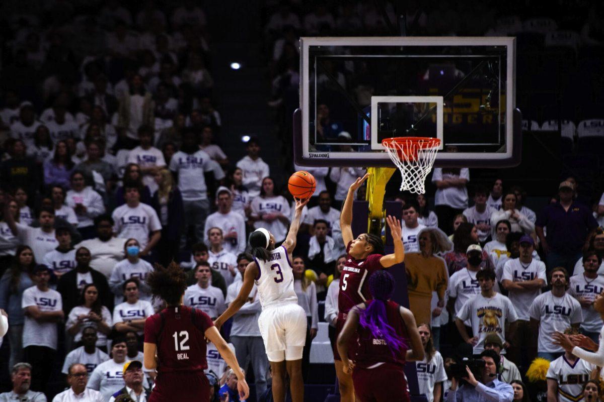 LSU women’s basketball graduate student guard Khayla Pointer (3) goes up for a layup Thursday, Jan. 06, 2022, during LSU’s 66-60 loss against South Carolina in the Pete Maravich Assembly Center on North Stadium Drive in Baton Rouge, La.