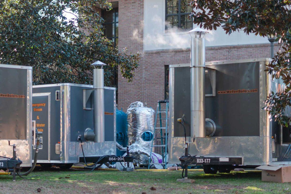 Emergency hot water rental trailers pump hot water on Sunday, Jan. 23, 2022, into the Residential College Complex on Cypress Drive in Baton Rouge, La.