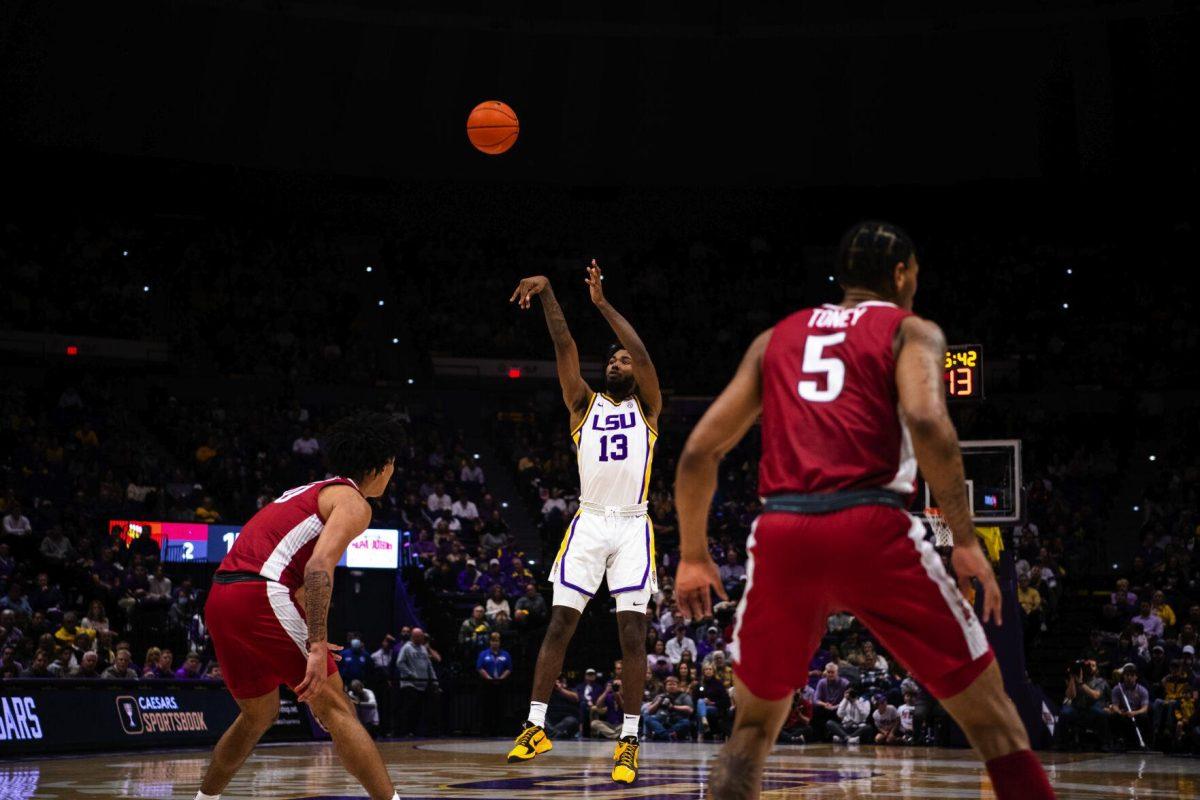 LSU men’s basketball sophomore forward Tari Eason (13) shoots a jump shot Jan. 15, 2022, during LSU’s 65-58 loss against Arkansas in the Pete Maravich Assembly Center on North Stadium Drive in Baton Rouge, La.