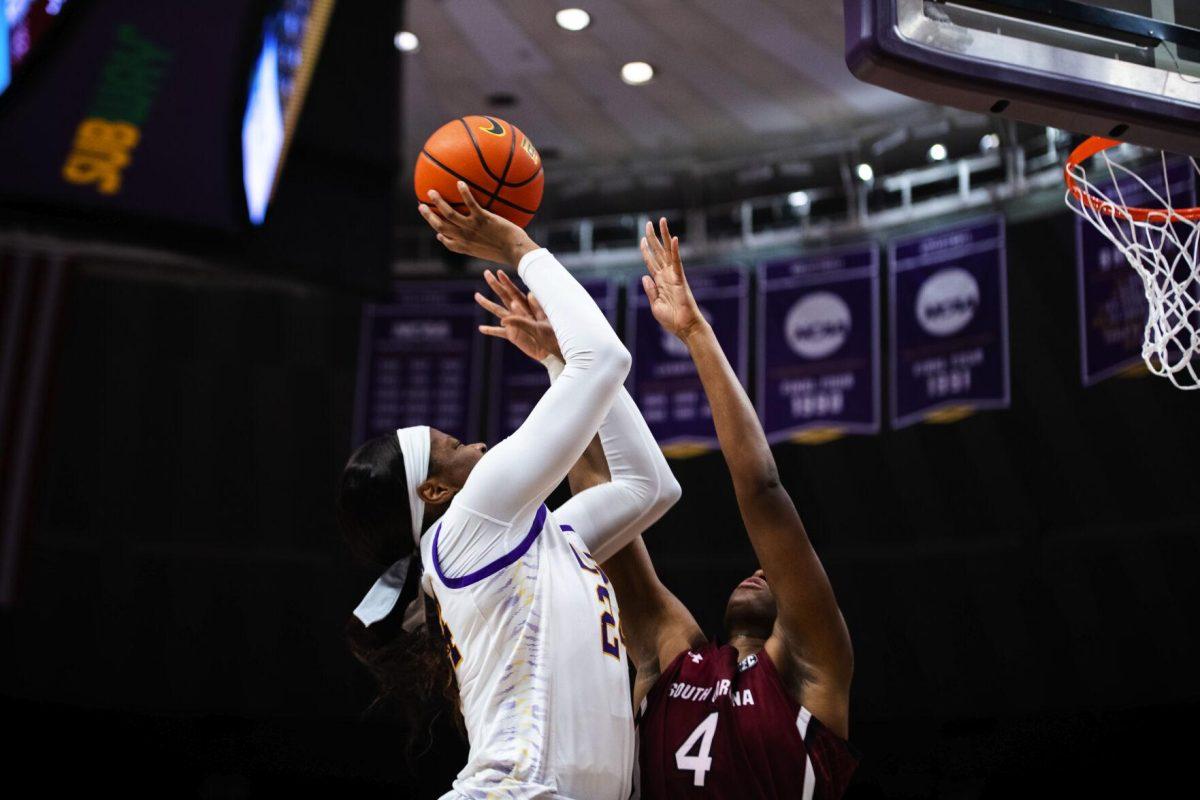 LSU women’s basketball graduate student center Faustine Aifuwa (24) goes up for a shot Thursday, Jan. 06, 2022, during LSU’s 66-60 loss against South Carolina in the Pete Maravich Assembly Center on North Stadium Drive in Baton Rouge, La.