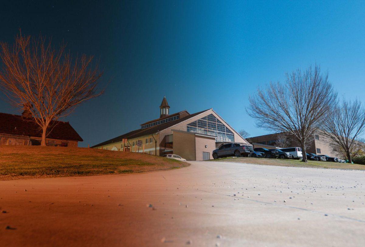 Pebbles dot the path during the night of Friday, Jan. 28, 2022, and the daytime of Thursday, Jan. 27, 2022, leading up to the Reilly Theatre on Tower Drive in Baton Rouge, La.