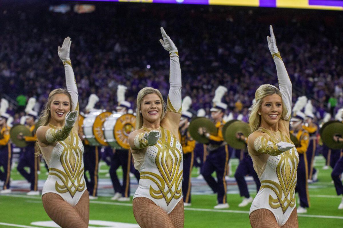 The LSU Golden Girls performs the LSU alma mater Tuesday, Jan. 4, 2022, during LSU&#8217;s 42-20 loss against Kansas State at NRG Stadium in Houston, TX.