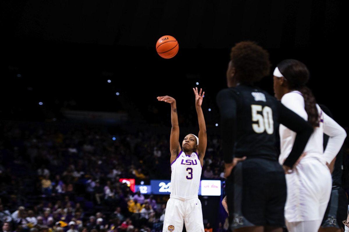 LSU women’s basketball graduate student guard Khayla Pointer (3) attemps a free throw Sunday, Jan. 16, 2022, during LSU’s 82-64 win against Vanderbilt in the Pete Maravich Assembly Center on North Stadium Drive in Baton Rouge, La.
