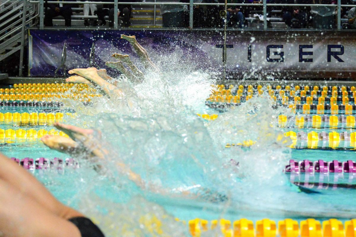 LSU and Texas A&amp;M swimmers dive into the pool Saturday, Jan. 22, 2022, during LSU men's 146-154 loss against Texas A&amp;M at the LSU Natatorium in Baton Rouge, La.