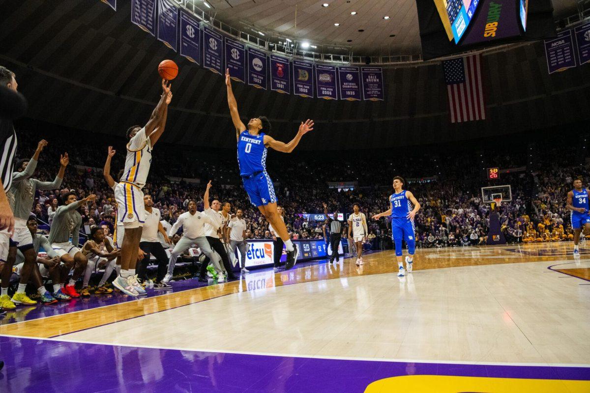 LSU men&#8217;s basketball senior forward Darius Days (4) shoots for three Tuesday, Jan. 04, 2022, during LSU&#8217;s 56-50 win against Kentucky in the Pete Maravich Assembly Center on North Stadium Drive in Baton Rouge, La.