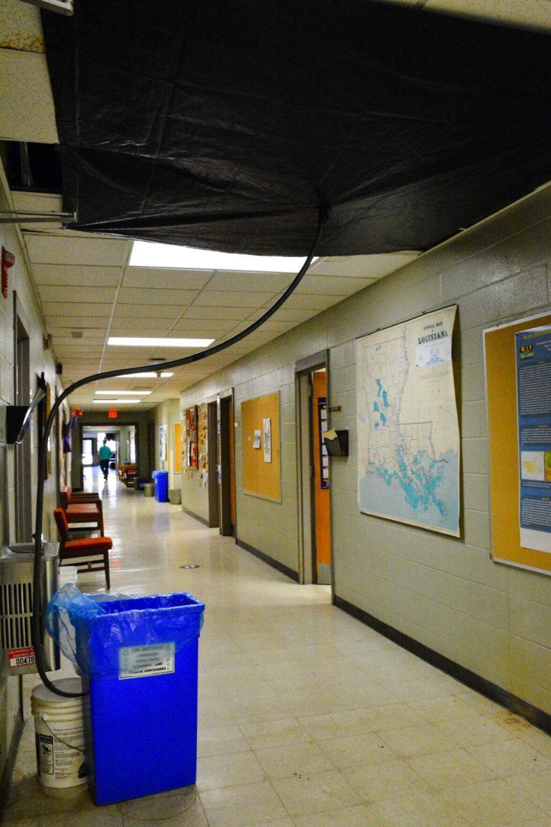 The hallways throughout the renewable natural resources building have tarps covering the ceiling to catch the water to pour in the buckets Thursday, Jan. 13, 2022, on Ag Center Lane in Baton Rouge, La.