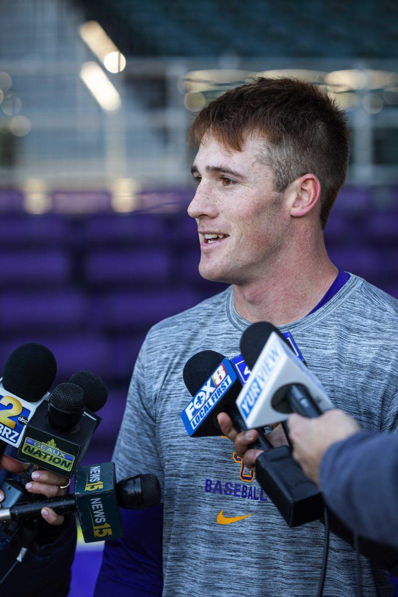 LSU baseball sophomore infield Jacob Berry (14) talks about his experience in Louisiana Friday, Jan. 28, 2022, in Alex Box Stadium on Gourrier Avenue in Baton Rouge.