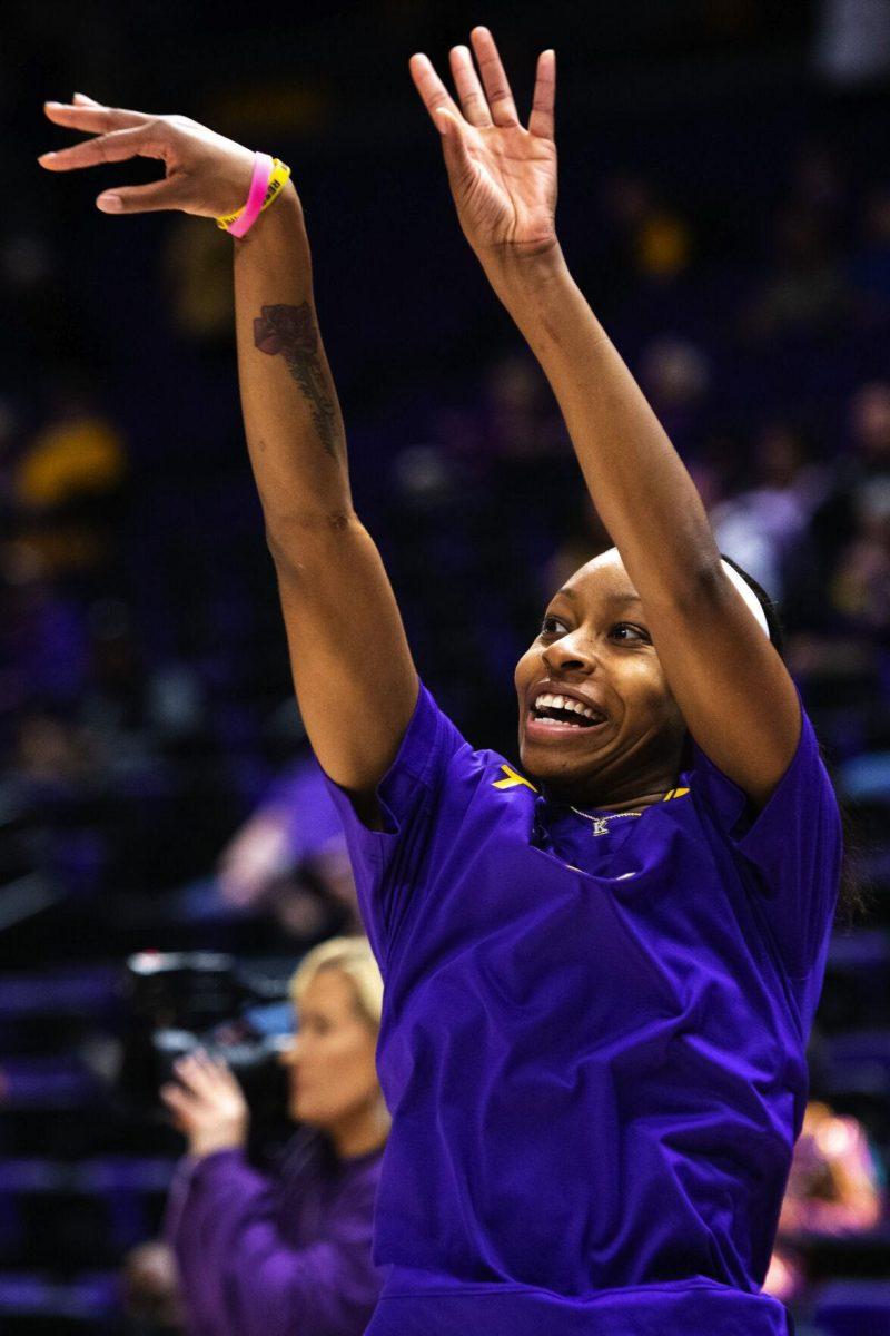 LSU women’s basketball graduate student guard Khayla Pointer (3) smiles after shooting a jump shot Thursday, Jan. 13, 2022, before LSU’s 87-85 overtime win against Missouri in the Pete Maravich Assembly Center on North Stadium Drive in Baton Rouge, La.