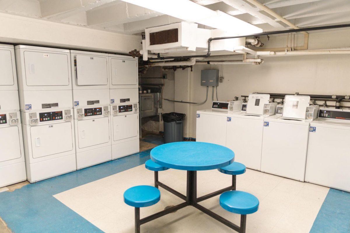 A table sits among laundry machines on Saturday, Jan. 29, 2022, in the basement of Herget Hall on Campus Lake Road in Baton Rouge, La.