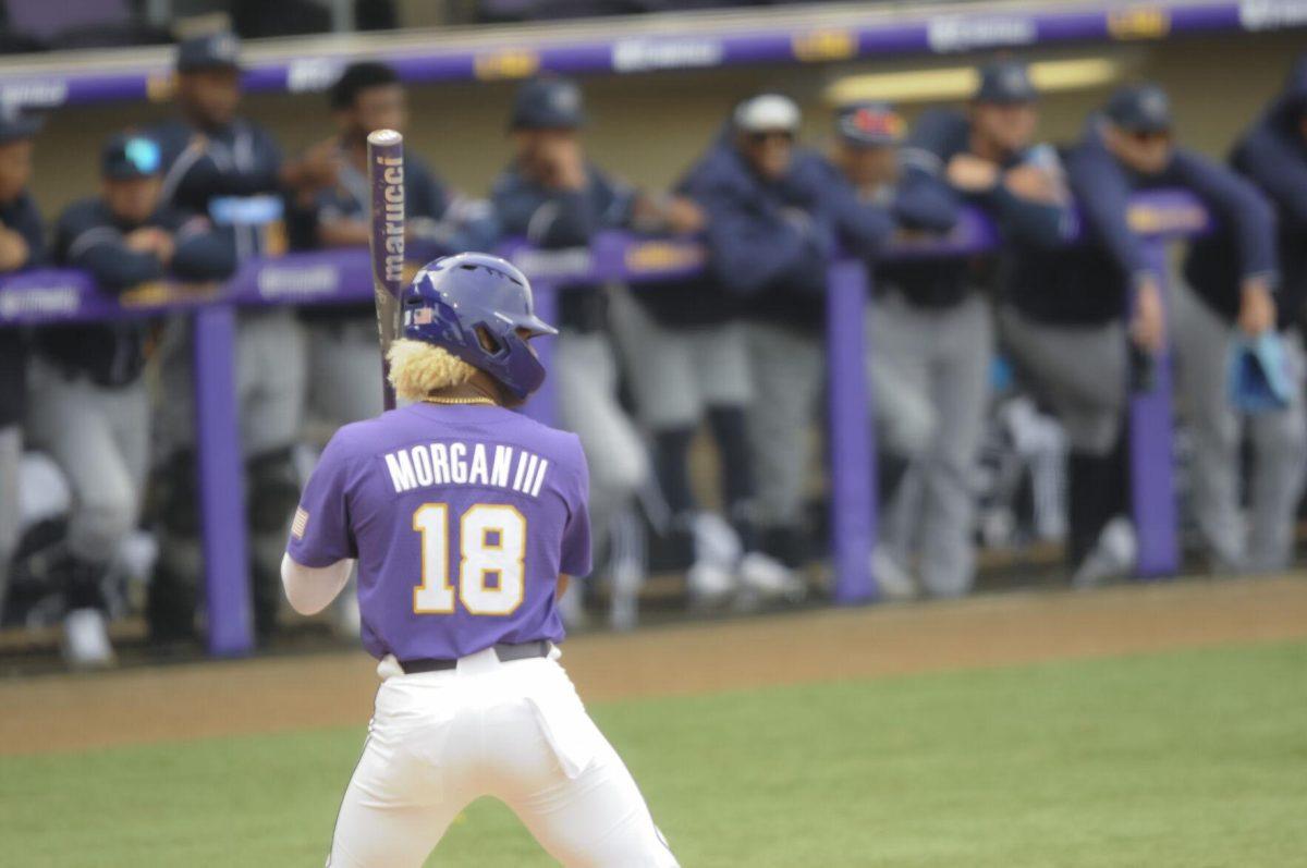 LSU sophomore first basemen Tre' Morgan (18) gets ready to bat Saturday, Feb. 26, 2022, during the Tigers' 9-2 win against Southern University at Alex Box Stadium in Baton Rouge, La.