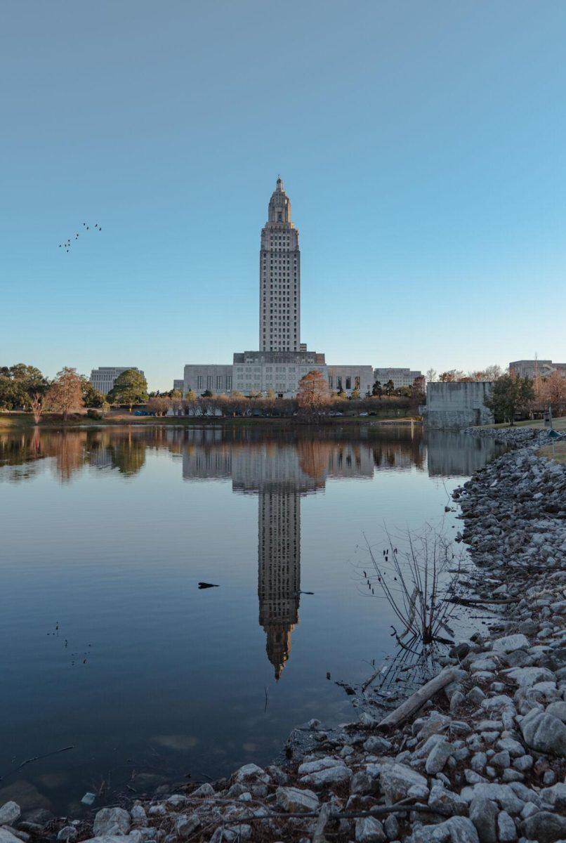 The State Capitol reflects in the water on Sunday, Feb. 6, 2022, at 900 North Third Street in Baton Rouge, La.