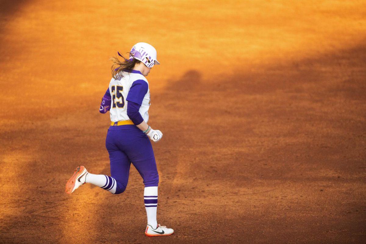 LSU softball junior infielder Georgia Clark (25) runs around the bases after hitting a homerun Saturday, Feb. 12, 2022, during LSU’s 8-1 win against South Alabama at Tiger Park on Skip Bertman Drive in Baton Rouge, La.