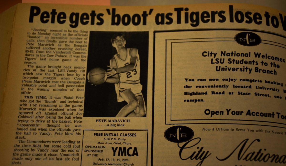 The Daily Reveille Vol. 73 1968-69 shows a picture of Pete Maravich in the sports section of the paper Feb. 2, 2022, in Baton Rouge, La.