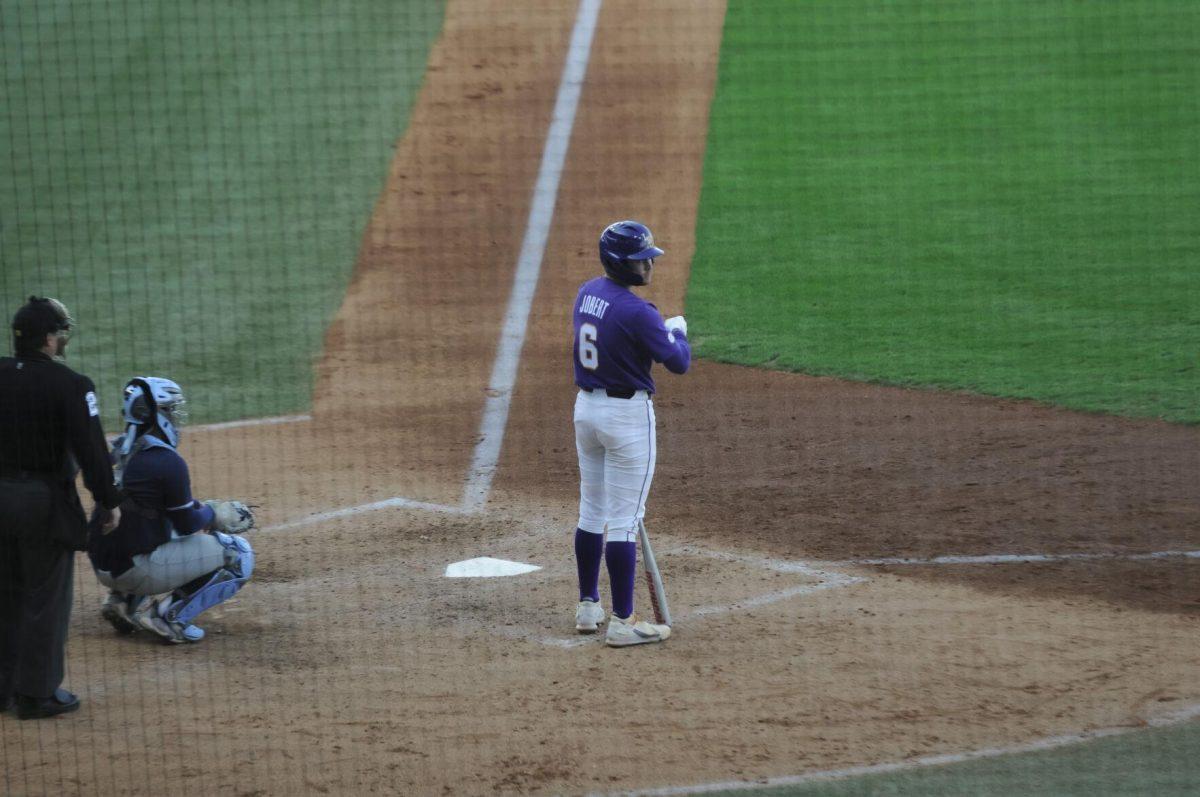 LSU sophomore outfielder Brayden Jobert (6) gets ready to swing Saturday, Feb. 26, 2022, during the Tigers' 9-2 win against Southern University at Alex Box Stadium in Baton Rouge, La.