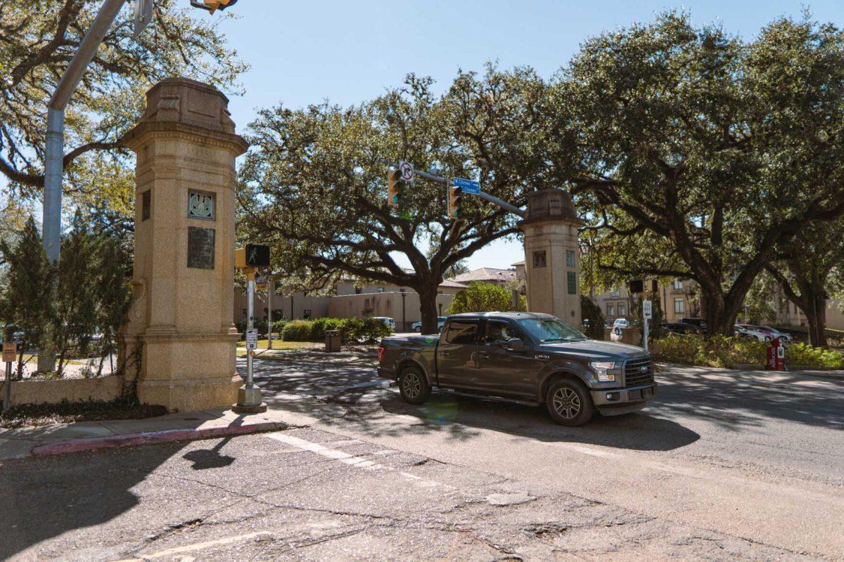 The LSU entry gate stands tall on Saturday, Feb. 19, 2022, on Highland Road in Baton Rouge, La.