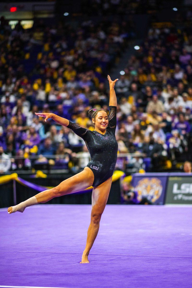 LSU gymnastics freshman all-around Aleah Finnegan performs her floor routine Saturday, Feb. 5, 2022 before LSU's 197.975-197.750 win over Auburn in the Pete Maravich Assembly Center on N. Stadium Drive in Baton Rouge, La.