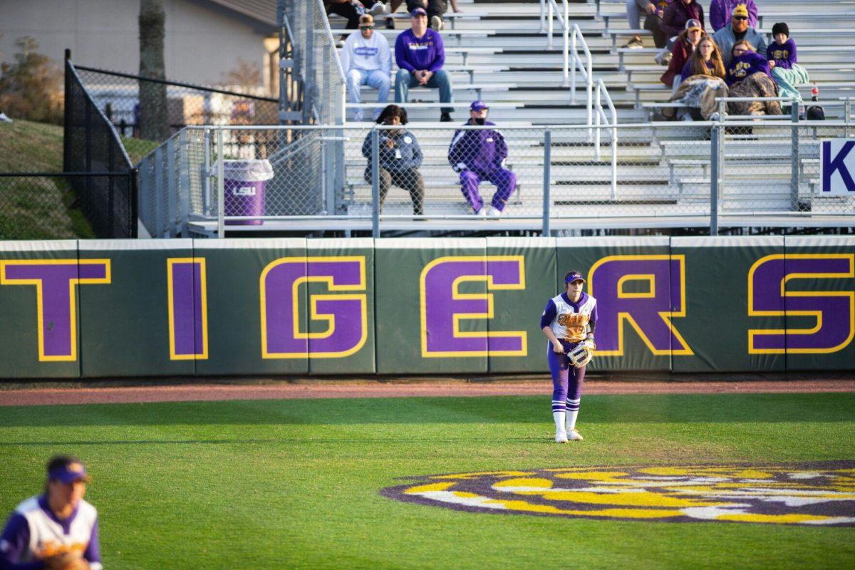 LSU softball sophomore outfielder Ciara Briggs (88) stands in the outfield Saturday, Feb. 12, 2022, during LSU’s 8-1 win against South Alabama at Tiger Park on Skip Bertman Drive in Baton Rouge, La.