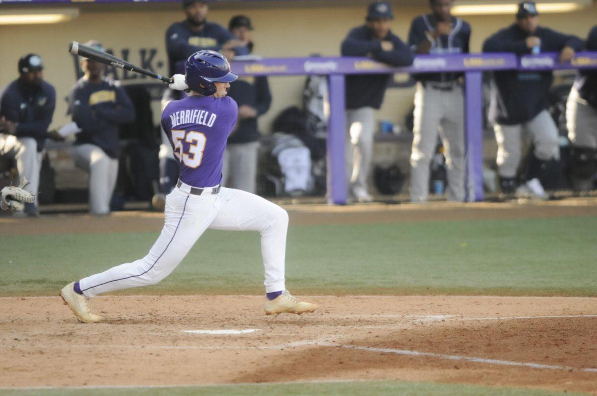 LSU sophomore infielder Jack Merrifield (53) swings at the ball Saturday, Feb. 26, 2022, during the Tigers' 9-2 win against Southern University at Alex Box Stadium in Baton Rouge, La.