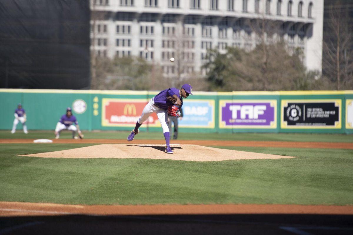 LSU senior pitcher Ma'Khail Hiliard (52) pitches on the mound Saturday, Feb. 19, 2022, during the Tigers' 17-8 win against the University of Maine at Alex Box Stadium in Baton Rouge, La.