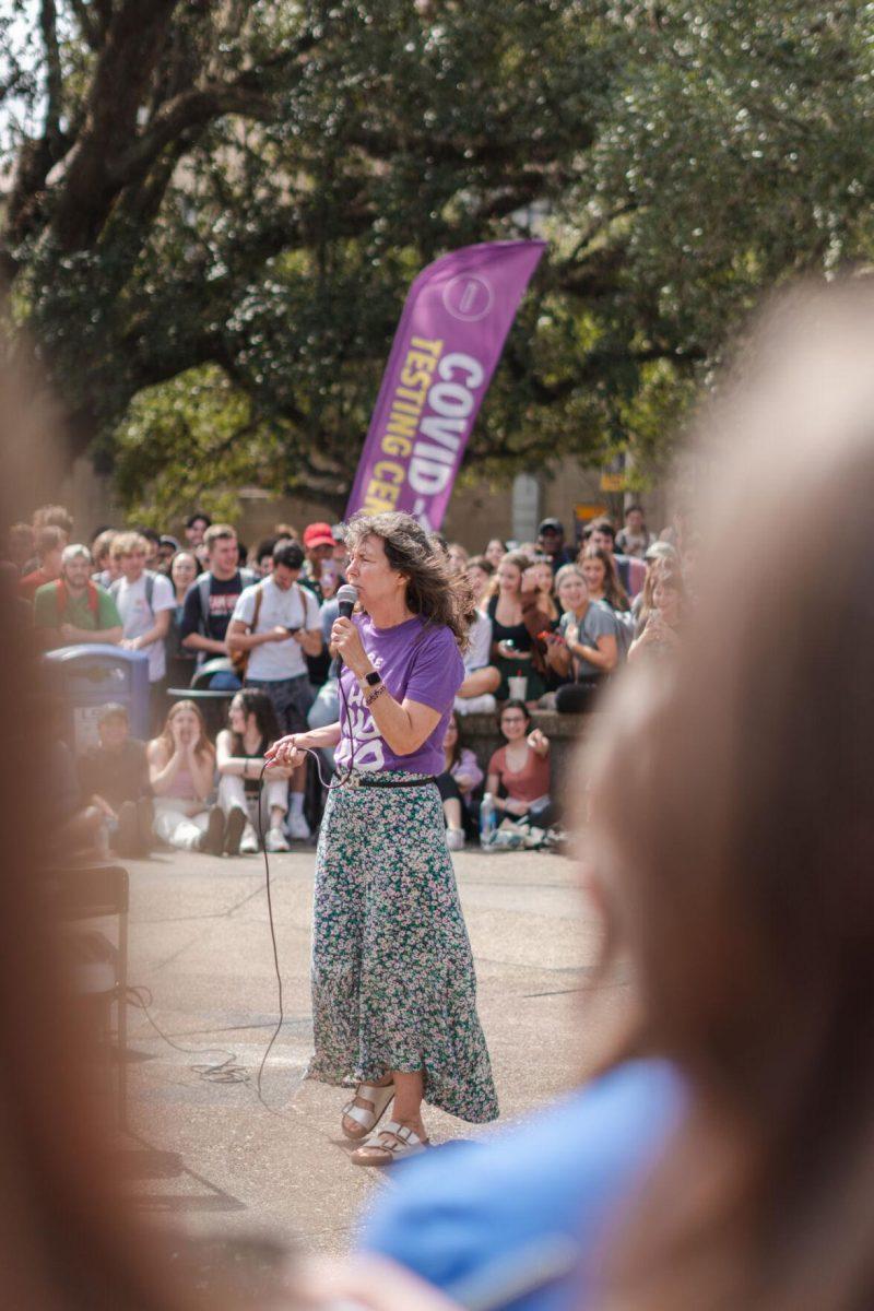 Sister Cindy speaks on Monday, Feb. 21, 2022, in Free Speech Plaza on LSU&#8217;s Campus in Baton Rouge, La.