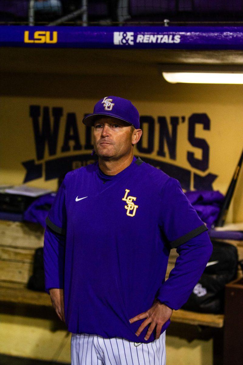 LSU baseball head coach Jay Johnson looks out onto the field Friday, Feb. 18, 2022 before LSU's 13-1 win against Maine at Alex Box Stadium on Gourrier Avenue in Baton Rouge, La.