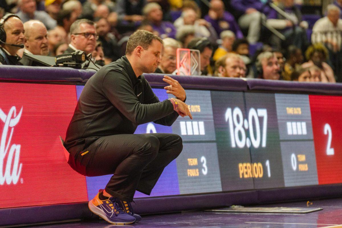 LSU men&#8217;s basketball head coach Will Wade motions with his hands on Saturday, Feb. 12, 2022, during LSU&#8217;s 69-65 win over Mississippi State at the Pete Maravich Assembly Center on North Stadium Drive in Baton Rouge, La.