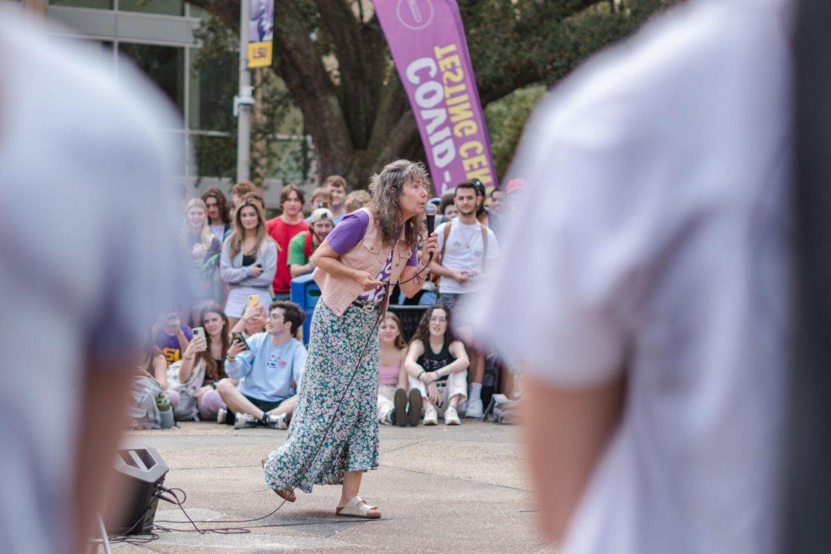 Sister Cindy speaks on Monday, Feb. 21, 2022, in Free Speech Plaza on LSU&#8217;s Campus in Baton Rouge, La.