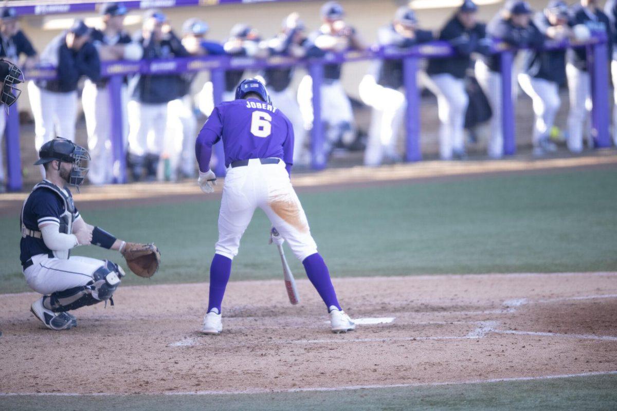 LSU sophomore outfielder Brayden Jobert (6) gets ready at bat Saturday, Feb. 19, 2022, during the Tigers' 17-8 win against the University of Maine at Alex Box Stadium in Baton Rouge, La.