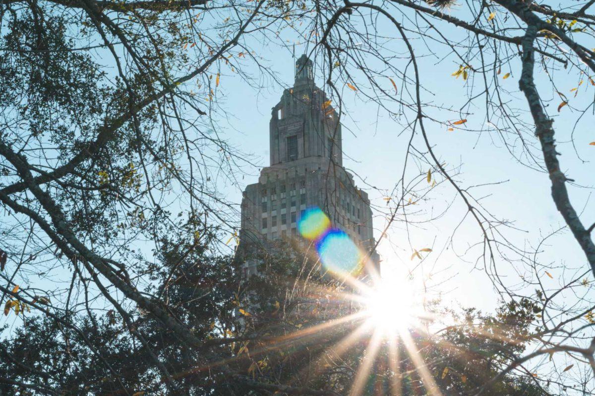 The Sun peaks out from behind the State Capitol on Sunday, Feb. 6, 2022, at 900 North Third Street in Baton Rouge, La.