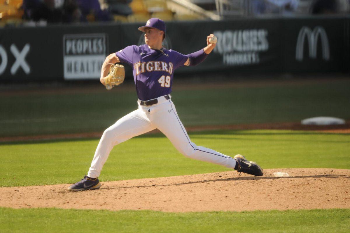 LSU sophomore pitcher Javen Coleman (49) pitches on the mound Saturday, Feb. 26, 2022, during the Tigers' 9-2 win against Southern University at Alex Box Stadium in Baton Rouge, La.