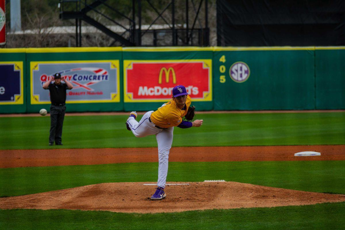 LSU baseball junior right-handed pitcher Ty Floyd (9) pitches Sunday, Feb. 20, 2022 before LSU's&#160;21-6 win against Maine at Alex Box Stadium on Gourrier Avenue in Baton Rouge, La.