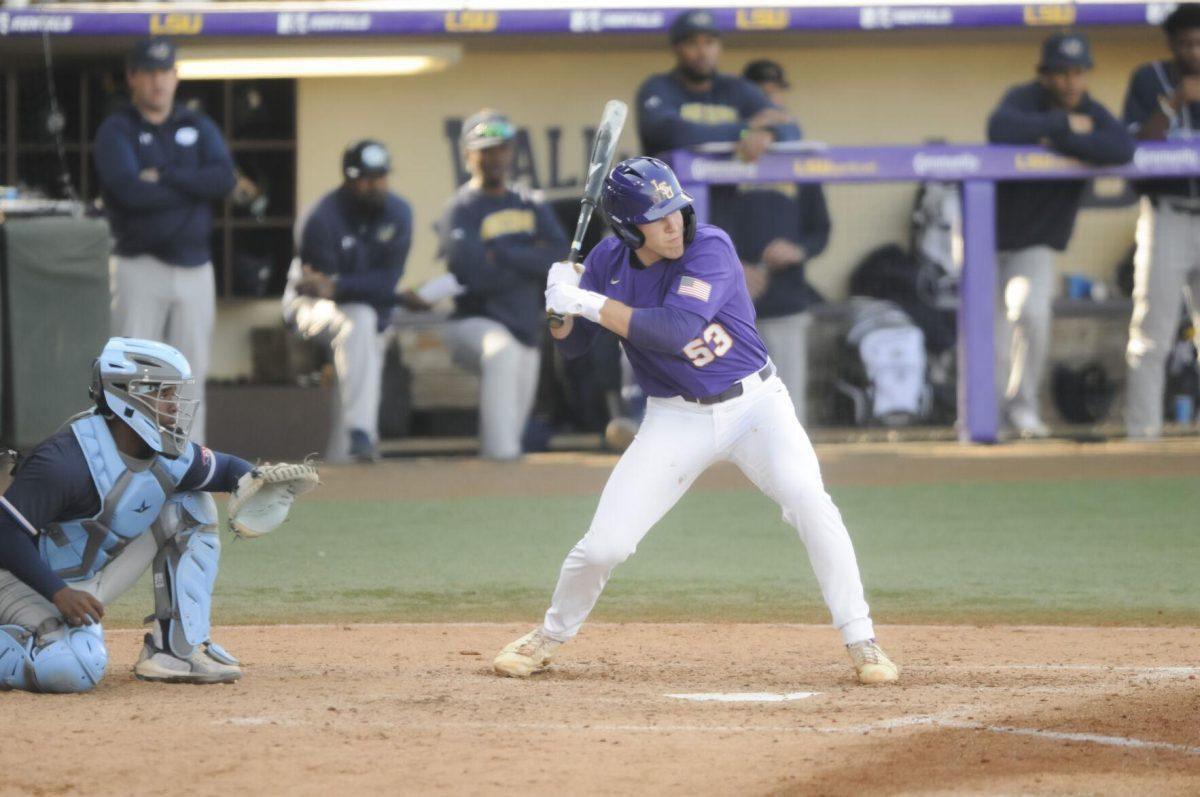 LSU sophomore infielder Jack Merrifield (53) swings at the ball Saturday, Feb. 26, 2022, during the Tigers' 9-2 win against Southern University at Alex Box Stadium in Baton Rouge, La.