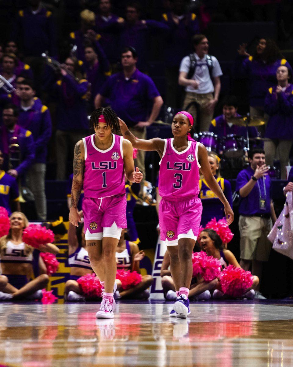 LSU women&#8217;s basketball graduate student guard Khayla Pointer (3) puts her hand on graduate student guard Jailin Cherry (1) Thursday, Feb. 10, 2022, during LSU&#8217;s 73-67 win against Georgia in the Pete Maravich Assembly Center on North Stadium Drive in Baton Rouge, La.