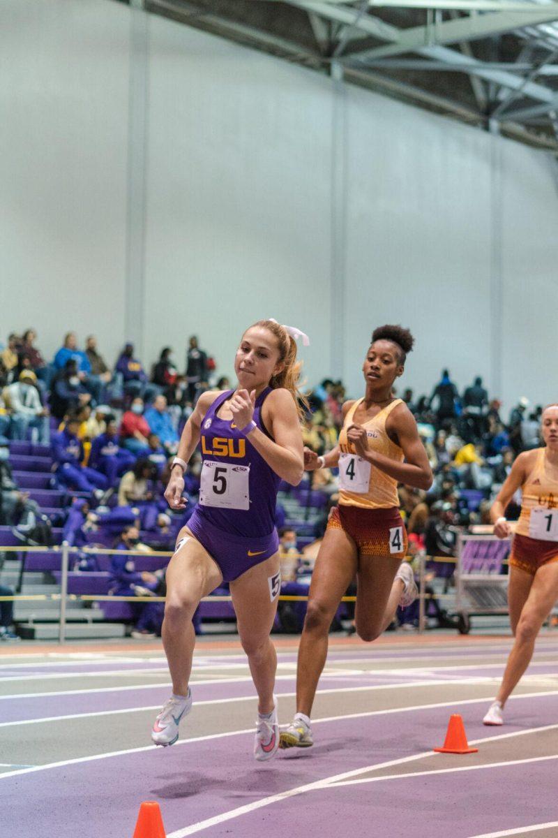 LSU track and field graduate student Alicia Stamey takes the lead on Friday, Feb. 4, 2022, during the Bayou Bengal indoor track meet at the Carl Maddox Field House on Nicholson Drive in Baton Rouge, La.