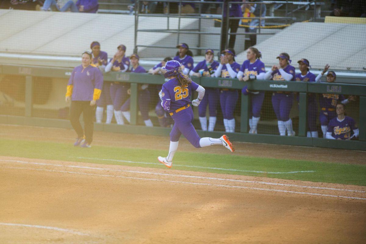 LSU softball redshirt junior infielder Georgia Clark (25) runs Friday, Feb. 11, 2022, during the Tigers' 3-0 win against South Alabama at Tiger Park in Baton Rouge, La.