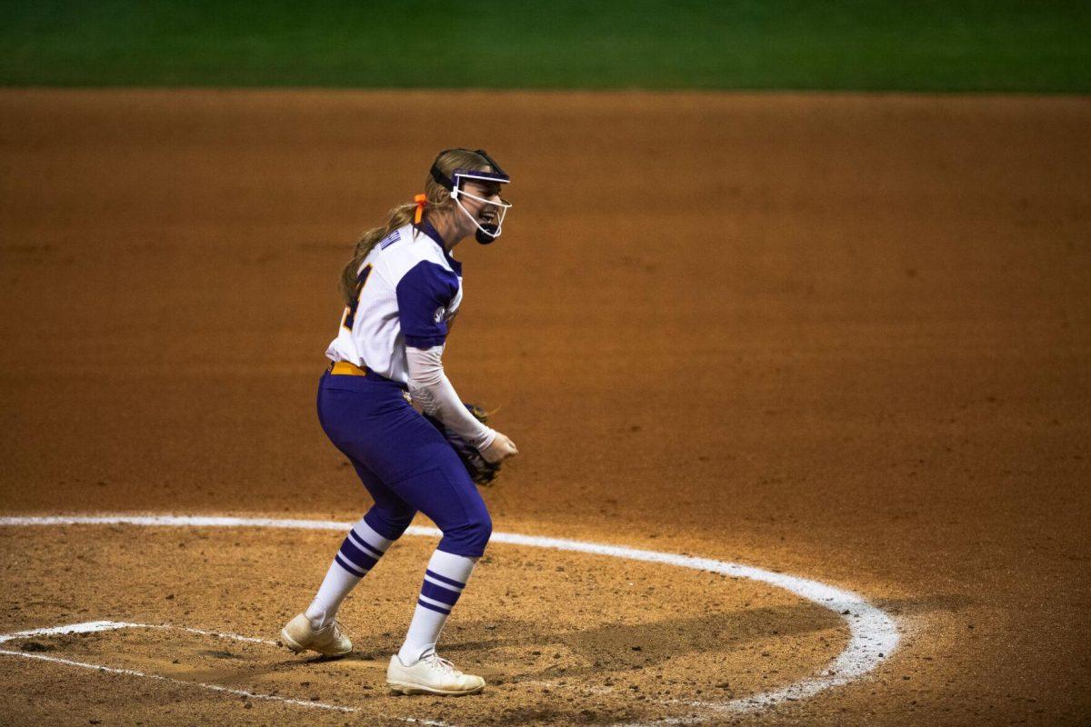 LSU softball freshman pitcher Raelin Chaffin (34) celebrates after getting a strikeout Saturday, Feb. 12, 2022, during LSU’s 2-3 loss against Central Arkansas at Tiger Park on Skip Bertman Drive in Baton Rouge, La.