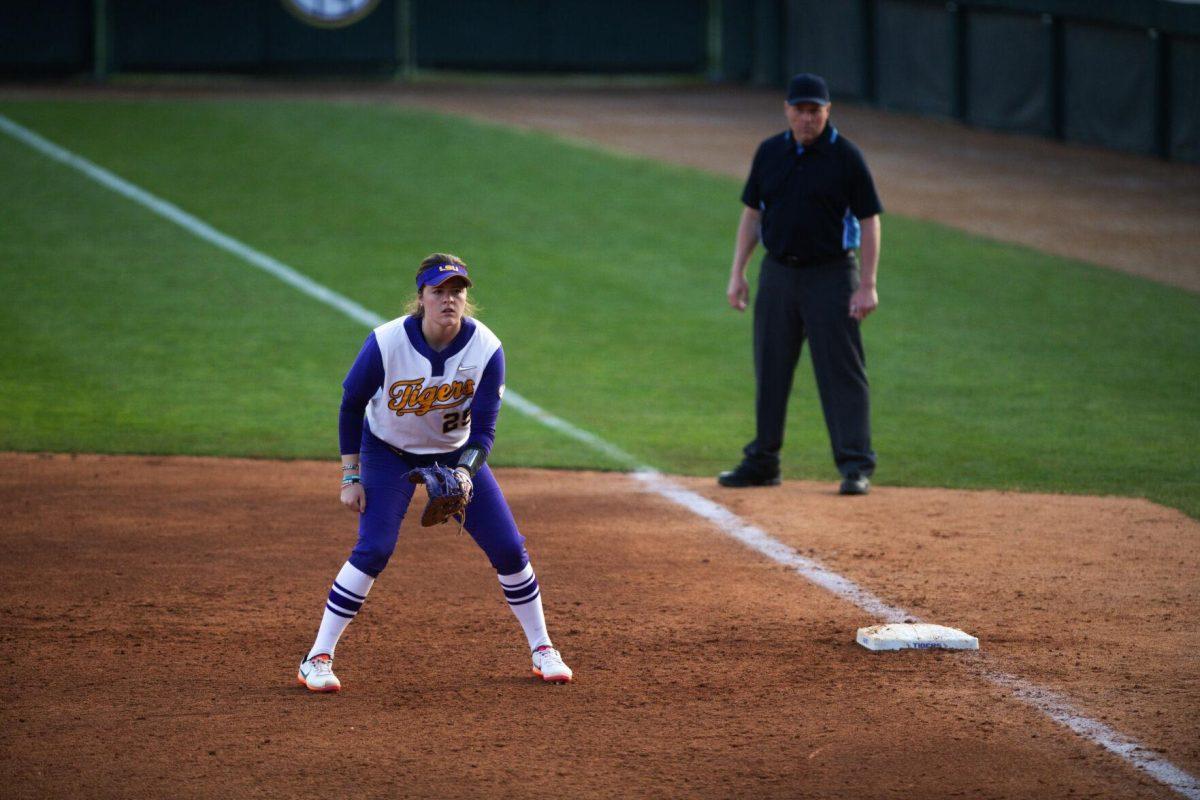 LSU softball junior infielder Georgia Clark (25) prepares for the pitch Saturday, Feb. 12, 2022, during LSU’s 8-1 win against South Alabama at Tiger Park on Skip Bertman Drive in Baton Rouge, La.