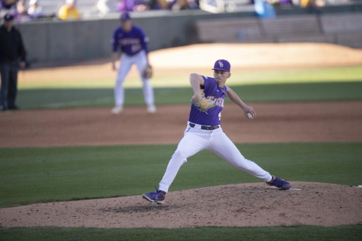 LSU sophomore pitcher Javen Coleman (49) pitches on the mound Saturday, Feb. 19, 2022, during the Tigers' 17-8 win against the University of Maine at Alex Box Stadium in Baton Rouge, La.