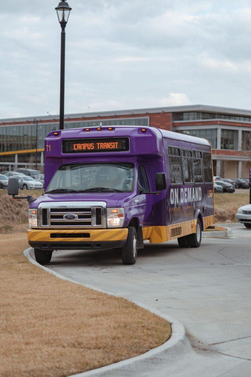 An LSU shuttle sits in the parking lot on Wednesday, Feb. 16, 2022, of Azalea Hall on South Campus Drive in Baton Rouge, La.