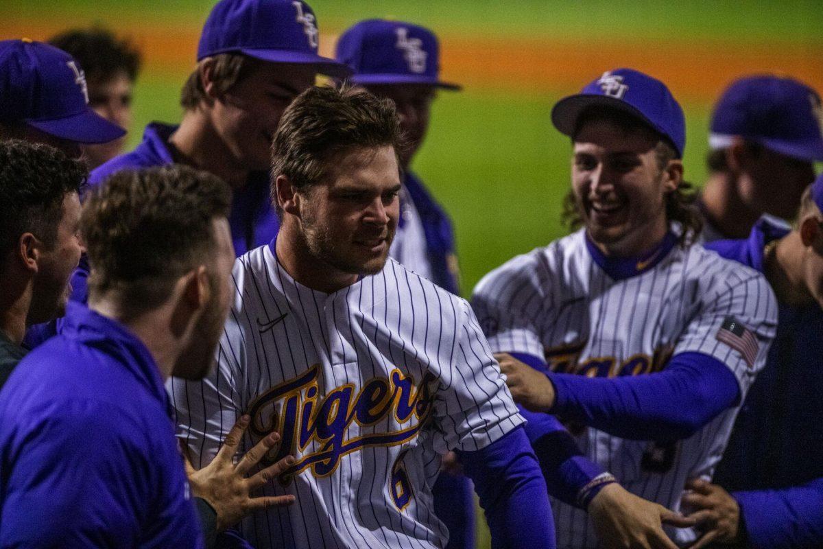 LSU baseball redshirt sophomore outfielder Brayden Jobert (6) celebrates with the team after his homerun Friday, Feb. 18, 2022 during LSU's 13-1 win against Maine at Alex Box Stadium on Gourrier Avenue in Baton Rouge, La.