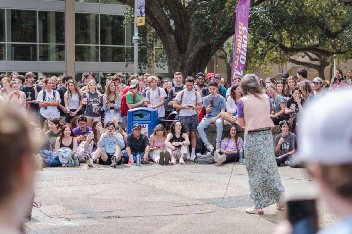 Students gather to watch Sister Cindy&#8217;s speech on Monday, Feb. 21, 2022, in Free Speech Plaza on LSU&#8217;s Campus in Baton Rouge, La.