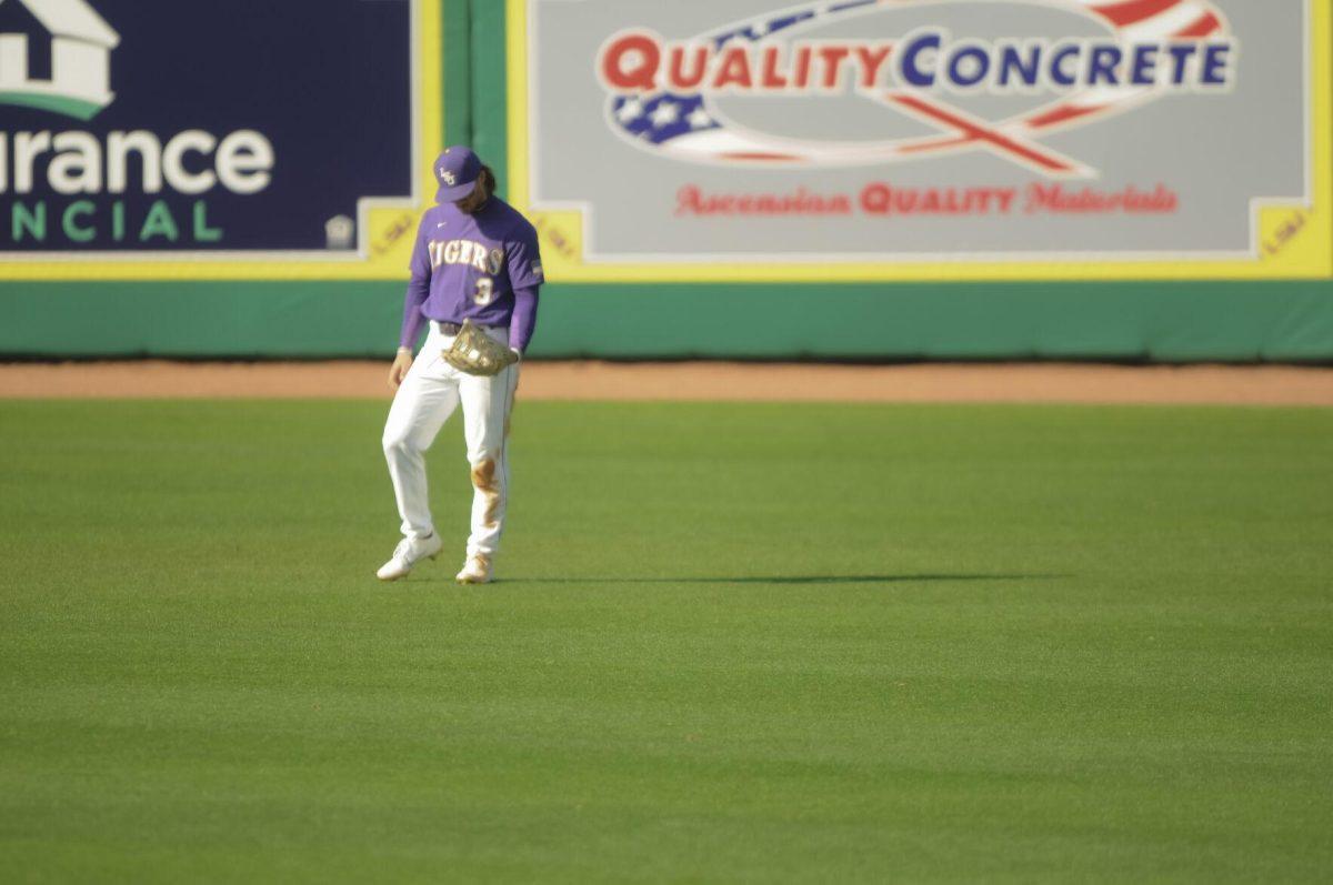 LSU sophomore outfielder Dylan Crews (3) waits for the review Saturday, Feb. 26, 2022, during the Tigers' 9-2 win against Southern University at Alex Box Stadium in Baton Rouge, La.