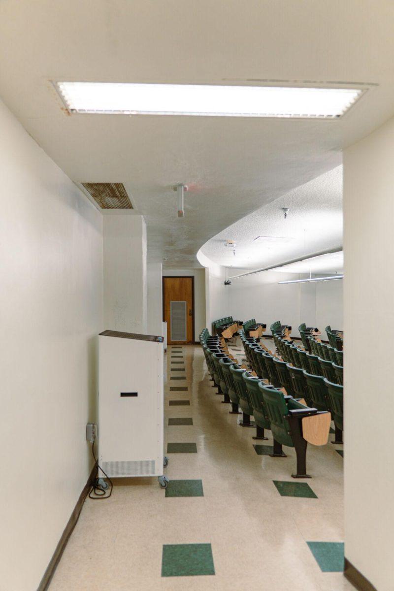 A HEPA filter sits plugged in in the back of the classroom on Wednesday, Feb. 9, 2022, inside Lockett Hall on Field House Drive in Baton Rouge, La.