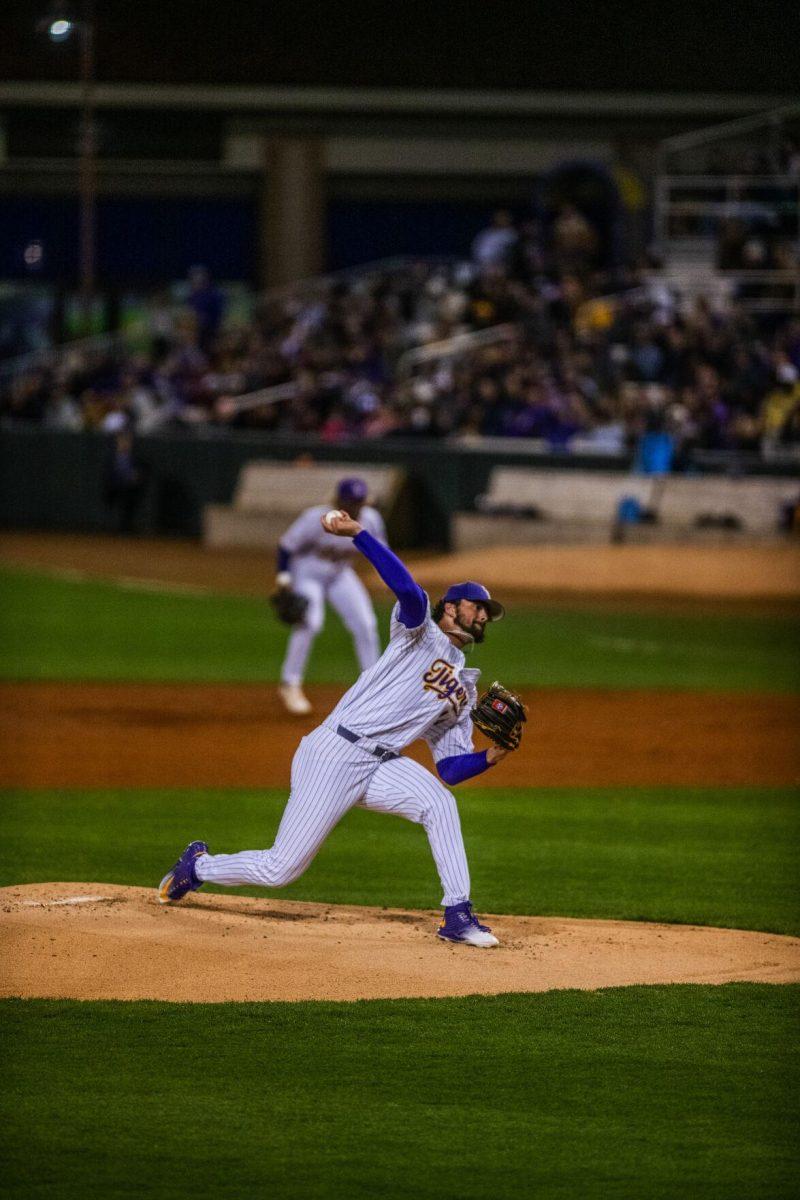 LSU baseball sophomore right-handed pitcher Blake Money (44) pitches the ball Friday, Feb. 18, 2022 during LSU's 13-1 win against Maine at Alex Box Stadium on Gourrier Avenue in Baton Rouge, La.